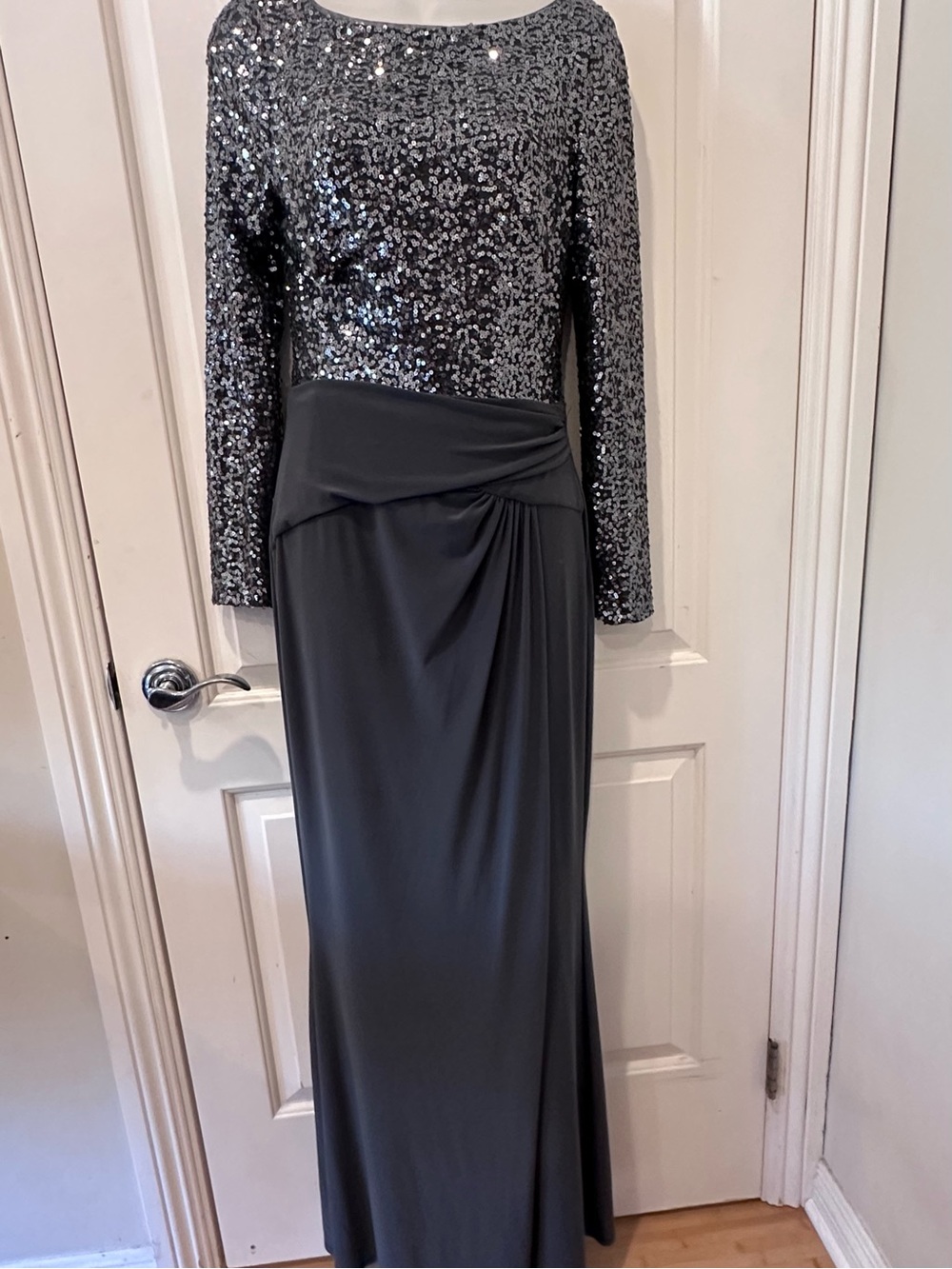 Ralph Lauren Silver Sequin Bodice Long-Sleeve Evening Gown